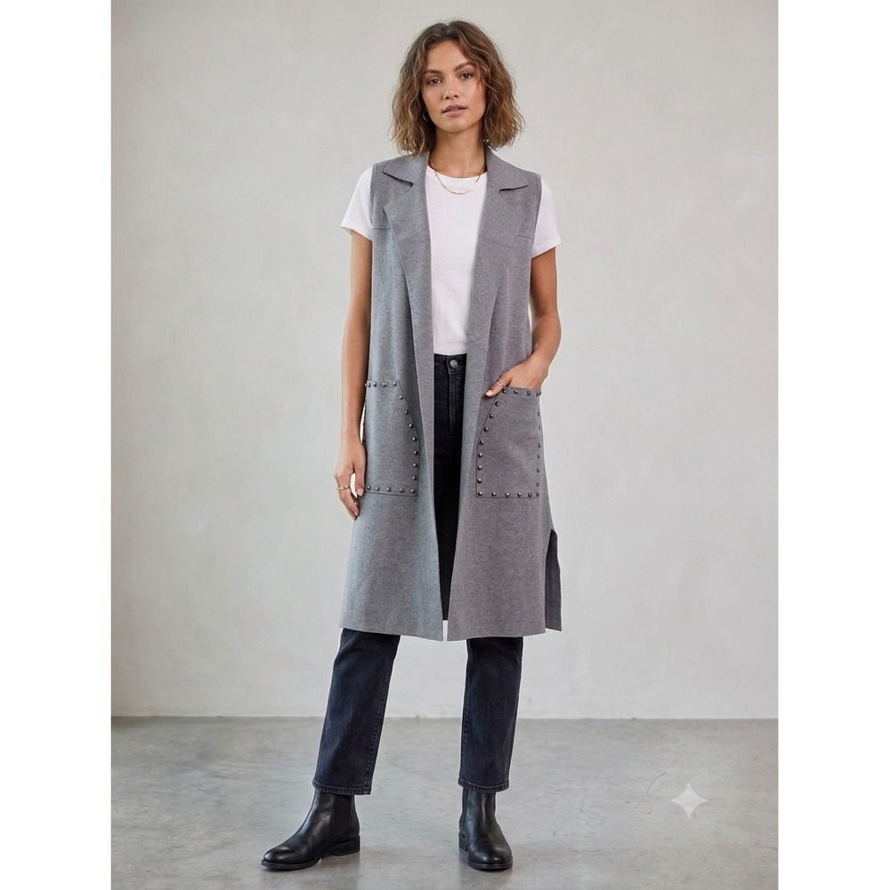 NWT WM Mahsa Longline Studded Sweater Vest Cardigan Womens M Open Front Layering